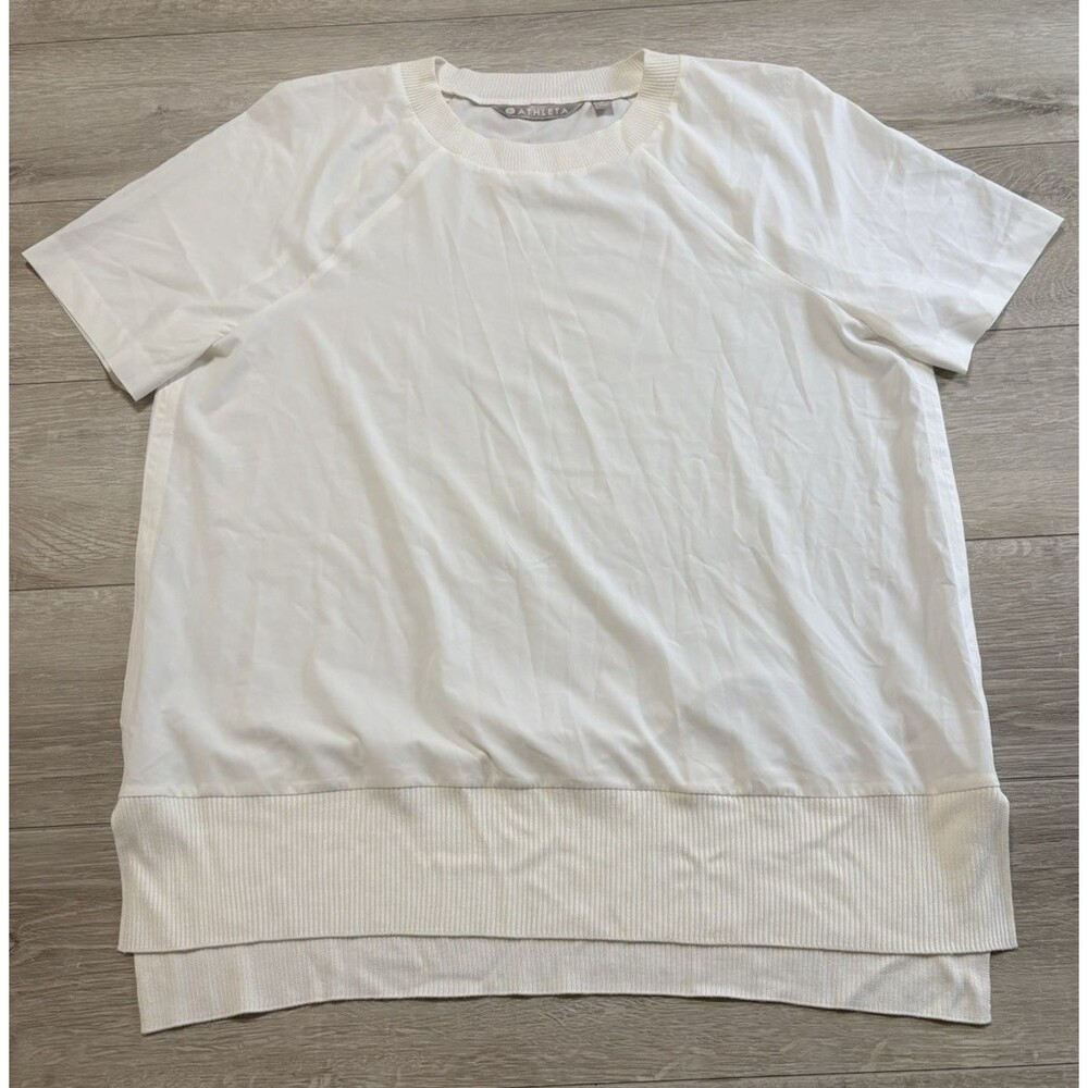 Athleta Sheer Short Raglan Sleeve Crew Neck Ribbed Split Hem Ivory Small RN54023
